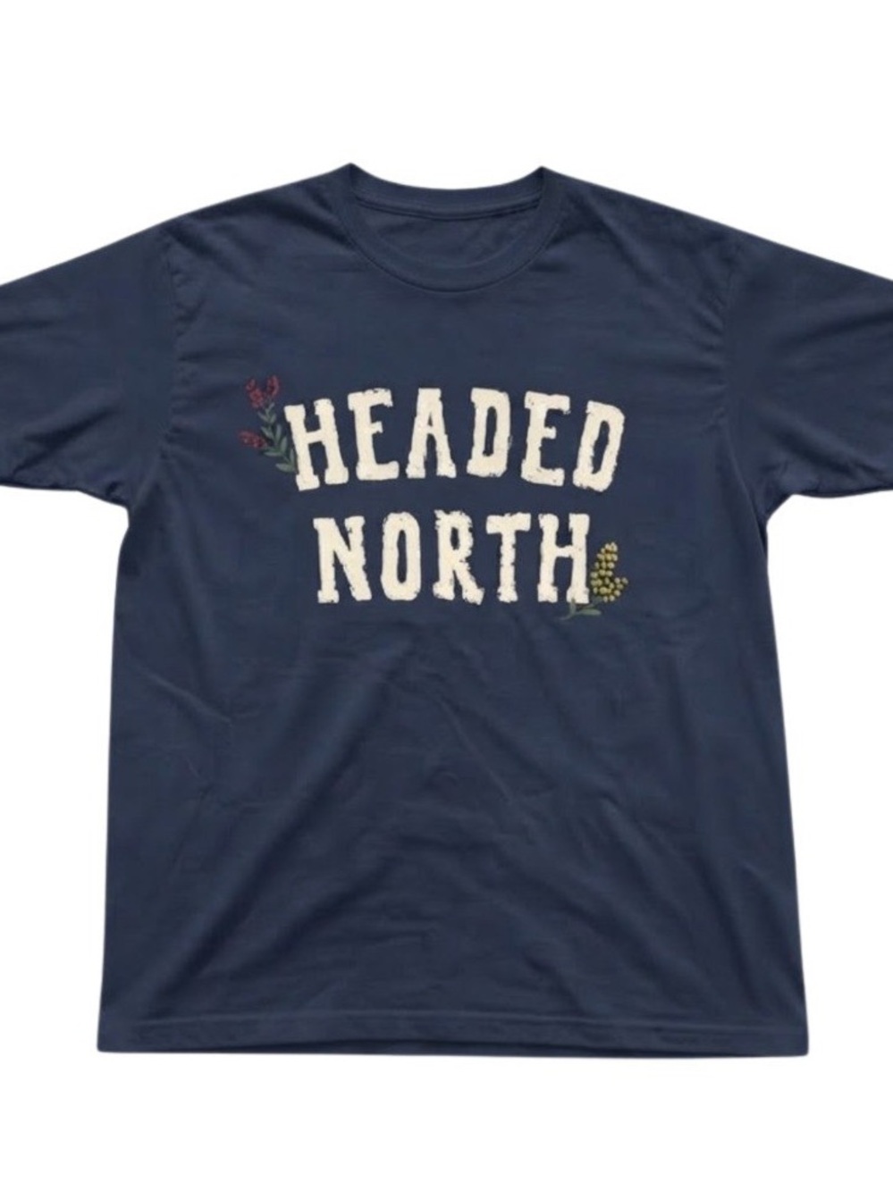 Headed North Distressed Text Floral Print Navy Blue Gildan T-Shirt